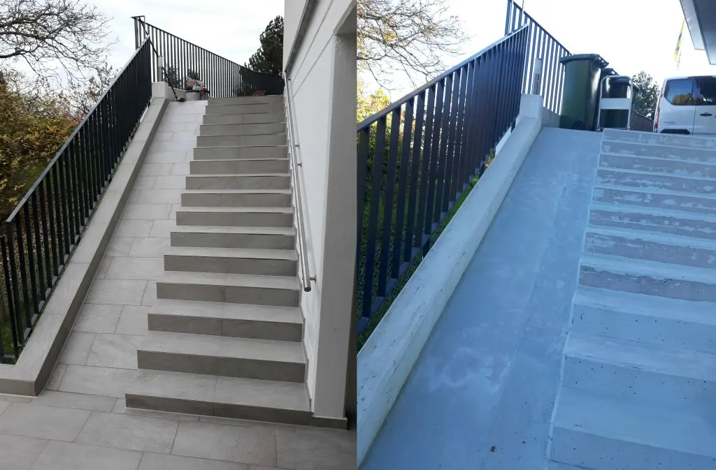 Balkon mit Sichtschutz und hellem Plattenbelag